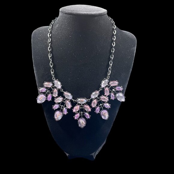 Purple Crystal Gemstone Leaf Cluster Bib Necklace Retro Glam Chic Bold Gatsby - Picture 1 of 5